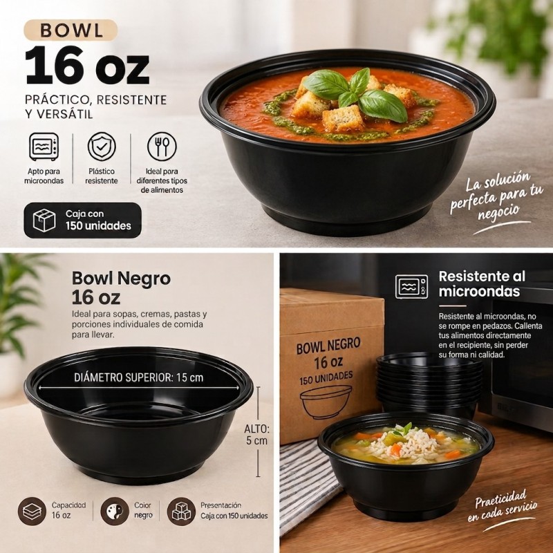 Bowl plastico negro 16oz